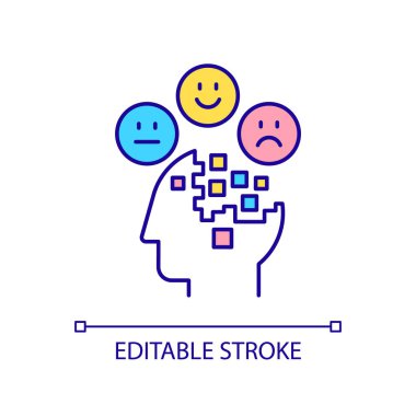 Zihinsel bozukluk RGB renk simgesi. Davranış sorunları. Psikoterapi ve tedavi. Anksiyete tedavisi. İzole vektör çizimi. Basit bir çizgi çizimi. Düzenlenebilir felç. Kullanılan Arial yazı tipi