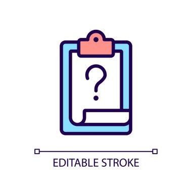 Görev sorusu RGB renk simgesi. Test çözme. Yapılan işlerin listesi. Eğitim ve iş. İzole vektör çizimi. Basit bir çizgi çizimi. Düzenlenebilir felç. Kullanılan Arial yazı tipi