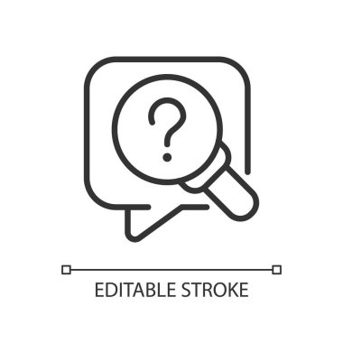 Araştırma sorusu doğrusal simgesi. Bilgi arıyorum. Soru işareti ve büyüteç. İnce çizgili çizim. Contour sembolü. Vektör çizimi. Düzenlenebilir felç. Kullanılan Arial yazı tipi