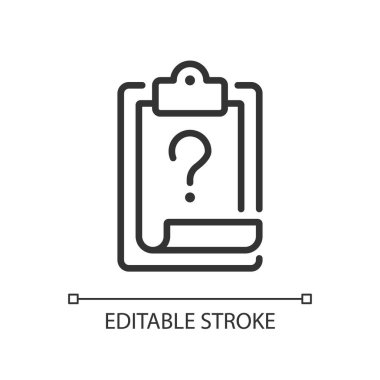 Görev sorusu doğrusal simgesi. Test çözme. Yapılan işlerin listesi. Eğitim ve iş. İnce çizgili çizim. Contour sembolü. Vektör çizimi. Düzenlenebilir felç. Kullanılan Arial yazı tipi