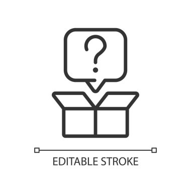 Kutunun dışındaki soru doğrusal simgesi. Yaratıcı düşünce. Gelişmenin yeni yollarını arıyorlar. İnce çizgili çizim. Contour sembolü. Vektör çizimi. Düzenlenebilir felç. Kullanılan Arial yazı tipi
