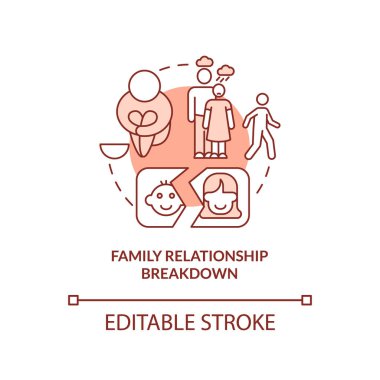 Aile ilişkileri çöküntüsü terracotta konsept ikonu. Aile içi yabancılaşma soyut fikir ince çizgi çizimi. Ayrılıklar. İzole bir taslak çizim. Düzenlenebilir felç. Arial, Myriad Pro-Kalın yazı tipleri
