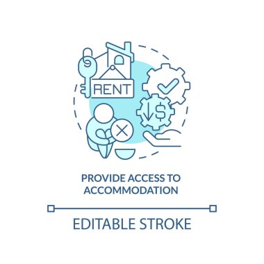 Konaklama turkuaz konsept ikonuna erişim sağlar. Erişilebilir evler soyut fikir ince çizgi çizimi. İzole bir taslak çizim. Düzenlenebilir felç. Arial, Myriad Pro-Kalın yazı tipleri