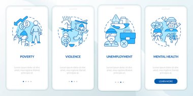 Evsizlik yüzünden mavi, mobil uygulama ekranında. İşsizlik yürüyüşü 4 adım grafik talimatlar sayfaları doğrusal kavramlarla. UI, UX, GUI şablonu. Kullanılan sayısız Pro-Kalın, Düzenli yazı tipleri
