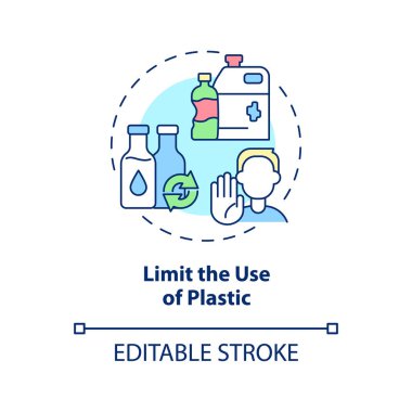 Plastik kullanım konseptini sınırla. Okyanusu kirlilikten, soyut fikirlerden, ince çizgilerden kurtar. Çevre koruma. İzole bir taslak çizim. Düzenlenebilir felç. Arial, Myriad Pro-Kalın yazı tipleri