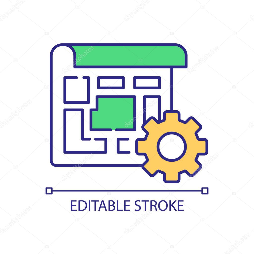 Urban area design RGB color icon. City plan blueprint and cogwheel. Infrastructure management program. Isolated vector illustration. Simple filled line drawing. Editable stroke. Arial font used