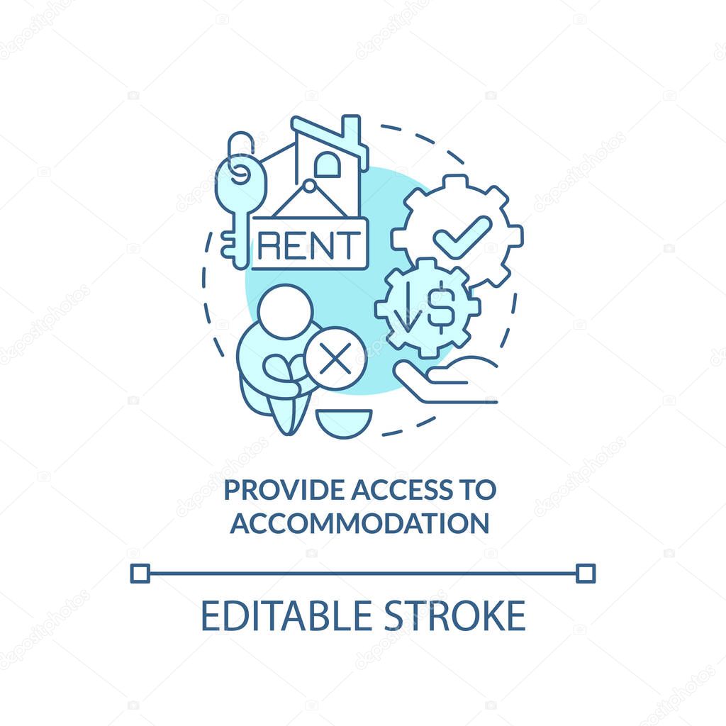 Provide access to accommodation turquoise concept icon. Accessible homes abstract idea thin line illustration. Isolated outline drawing. Editable stroke. Arial, Myriad Pro-Bold fonts used