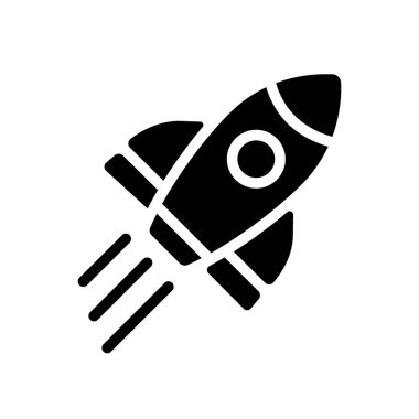 Roket siyah kabartma simgesi. Uzay aracını uzaya fırlatın. Uzay mekiği. Uçak ve uydu. Çalıştır. Beyaz uzayda siluet sembolü. Piktogram sağlammış. Vektör izole illüstrasyonu