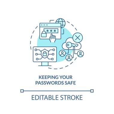 Şifrelerinizi turkuaz konsept simgesini güvende tutuyorsunuz. Dijital temel beceriler soyut fikir ince çizgi çizimi. İzole bir taslak çizim. Düzenlenebilir felç. Arial, Myriad Pro-Kalın yazı tipleri