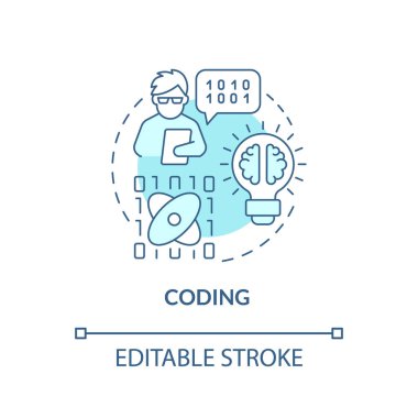 Turkuaz konsept simgesi kodlanıyor. Bilgisayar programlama dili. Ana dijital beceriler soyut fikir ince çizgi çizimi. İzole bir taslak çizim. Düzenlenebilir felç. Arial, Myriad Pro-Kalın yazı tipleri