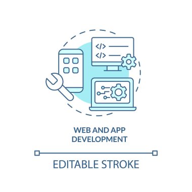 Web ve uygulama geliştirme turkuaz konsept simgesi. Site oluştur. Gelişmiş dijital beceriler soyut fikir ince çizgi çizimi. İzole bir taslak çizim. Düzenlenebilir felç. Arial, Myriad Pro-Kalın yazı tipleri