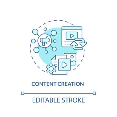 İçerik oluşturma turkuvaz konsept simgesi. Sosyal medya. Gelişmiş dijital beceriler soyut fikir ince çizgi çizimi. İzole bir taslak çizim. Düzenlenebilir felç. Arial, Myriad Pro-Kalın yazı tipleri