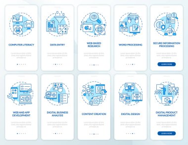 Mobil uygulama ekranında dijital beceriler ve okuma yazma bilinci mavi. Çizgisel kavramlarla dolu 5 aşamalı grafik talimatları. UI, UX, GUI şablonu. Kullanılan sayısız Pro-Kalın, Düzenli yazı tipleri