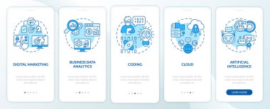 Mobil uygulama ekranında büyük dijital yetenekler mavi. Bilgisayar okur yazarlığı, doğrusal kavramları olan 5 adımda grafik talimatları sayfalarını inceler. UI, UX, GUI şablonu. Kullanılan sayısız Pro-Kalın, Düzenli yazı tipleri