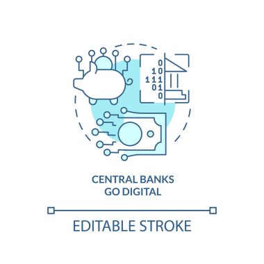 Merkez bankaları dijital turkuaz konsept ikonu kullanırlar. Gelecekteki soyut fikirlerde kripto zayıflığı ince çizgi çiziminde. İzole bir taslak çizim. Düzenlenebilir felç. Arial, Myriad Pro-Kalın yazı tipleri