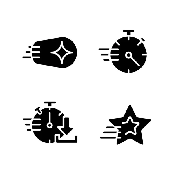 速度和时间黑色石像图标设置在白色的空间 流星和彗星的射击秒表 快下载动态运动 轮廓符号 实心象形文字包 矢量孤立的说明 — 图库矢量图片