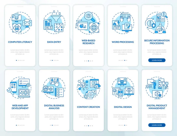Mobil uygulama ekranında dijital beceriler ve okuma yazma bilinci mavi. Çizgisel kavramlarla dolu 5 aşamalı grafik talimatları. UI, UX, GUI şablonu. Kullanılan sayısız Pro-Kalın, Düzenli yazı tipleri