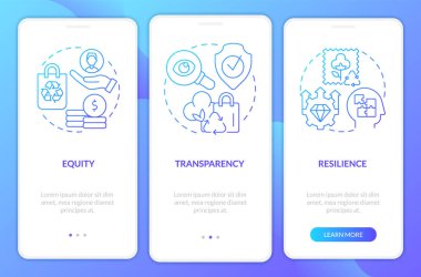 Gezici uygulama ekranında dairesel ekonomi prensipleri mavi gradyan. Doğrusal kavramlarla dolu üç adımda grafik talimatları gözden geçir. UI, UX, GUI şablonu. Kullanılan sayısız Pro-Kalın, Düzenli yazı tipleri