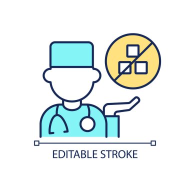 Doktor şeker yiyen RGB renk simgesini sınırlamanızı tavsiye ediyor. Sağlıklı beslenme düzeni. Sağlığın için beslenme tavsiyeleri. İzole vektör çizimi. Basit bir çizgi çizimi. Düzenlenebilir felç. Kullanılan Arial yazı tipi