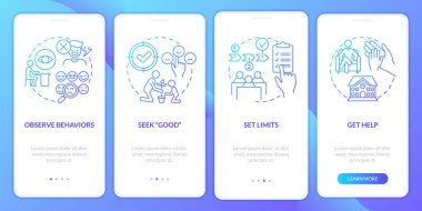 Hareketli uygulama ekranında davranış bozukluğu öğretmeni mavi gradyanı değiştiriyor. Doğrusal kavramlarla dolu dört adımda grafik talimatları uygula. UI, UX, GUI şablonu. Kullanılan sayısız Pro-Kalın, Düzenli yazı tipleri