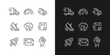 Hareket ve hız pikseli. Karanlık, aydınlık mod için mükemmel doğrusal simgeler ayarlandı. Hızlı motorlu araç. Paket ve mektup teslimatı. Gece ve gündüz teması için ince çizgi sembolleri. İzole çizimler. Düzenlenebilir vuruş