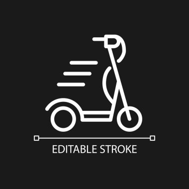 Scooter pikseli koyu renk tema için mükemmel beyaz doğrusal simge. Motorlu ve elektrikli araç. Mobil nakliye. İnce çizgili çizim. Gece modu için izole edilmiş sembol. Düzenlenebilir felç. Kullanılan Arial yazı tipi