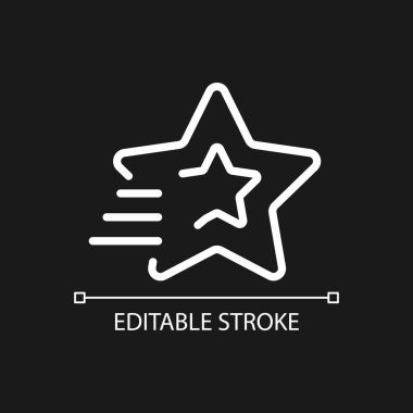 Koyu renk tema için yıldız pikseli mükemmel beyaz doğrusal simge çekiliyor. Kayan yıldızdan dilek tut. Yanan meteor. İnce çizgili çizim. Gece modu için izole edilmiş sembol. Düzenlenebilir felç. Kullanılan Arial yazı tipi