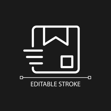 Koyu tema için parsel piksel mükemmel beyaz doğrusal simge. Nakliye servisi. Hızlı teslimat. Posta servisi. İnce çizgili çizim. Gece modu için izole edilmiş sembol. Düzenlenebilir felç. Kullanılan Arial yazı tipi