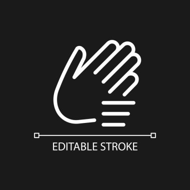 El sallayan el pikseli koyu renk tema için mükemmel beyaz doğrusal simge. Sözsüz iletişim. Selamlama, çağrı jesti. İnce çizgili çizim. Gece modu için izole edilmiş sembol. Düzenlenebilir felç. Kullanılan Arial yazı tipi