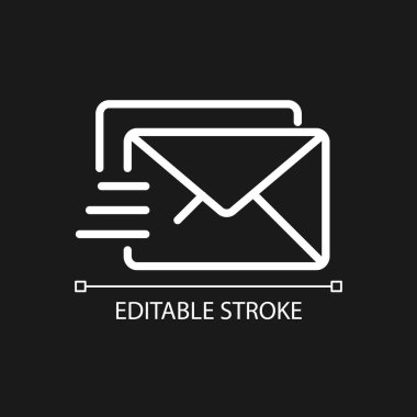 Koyu tema için posta pikseli mükemmel beyaz doğrusal simge. Elektronik posta. Posta servisi. Mektup yazışmaları. İnce çizgili çizim. Gece modu için izole edilmiş sembol. Düzenlenebilir felç. Kullanılan Arial yazı tipi