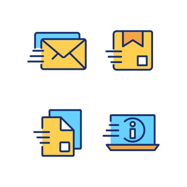 Bilgi iletim pikseli mükemmel RGB renk simgeleri ayarlandı. Mektup ve paket teslimatı. Dijital veri. İzole vektör çizimleri. Basit çizgi çizimleri koleksiyonu. Düzenlenebilir vuruş