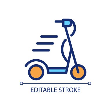 Scooter pikseli mükemmel RGB renk simgesi. Motorlu ve elektrikli araç. Mobil nakliye. E scooter. İzole vektör çizimi. Basit bir çizgi çizimi. Düzenlenebilir felç. Kullanılan Arial yazı tipi