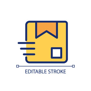 Paket pikseli mükemmel RGB renk simgesi. Nakliye servisi. Emir alınıyor. Hızlı teslimat. Posta servisi. İzole vektör çizimi. Basit bir çizgi çizimi. Düzenlenebilir felç. Kullanılan Arial yazı tipi