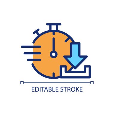 Hızlı indirme piksel mükemmel RGB renk simgesi. Veri aktarılıyor. Uzak sistemden dijital dosyalar alınıyor. İzole vektör çizimi. Basit bir çizgi çizimi. Düzenlenebilir felç. Kullanılan Arial yazı tipi