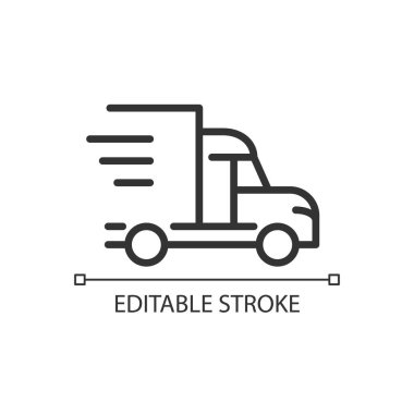Kamyon pikseli mükemmel doğrusal simge. Kargo teslimatı. Ulaşım ve lojistik. Hızlı sevkiyat. İnce çizgili çizim. Contour sembolü. Vektör çizimi. Düzenlenebilir felç. Kullanılan Arial yazı tipi