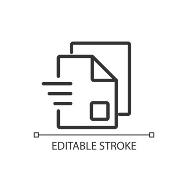 Belge paylaşım pikseli mükemmel doğrusal simge. Elektronik dosyalar. Dijital bilgi. Gönder ve al. İnce çizgili çizim. Contour sembolü. Vektör çizimi. Düzenlenebilir felç. Kullanılan Arial yazı tipi