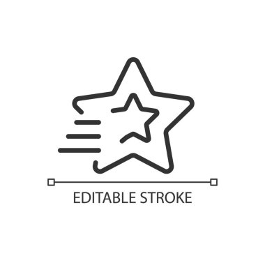 Kayan yıldız pikseli mükemmel doğrusal simge. Kayan yıldızdan dilek tut. Atmosferde yanan meteor. İnce çizgili çizim. Contour sembolü. Vektör çizimi. Düzenlenebilir felç. Kullanılan Arial yazı tipi