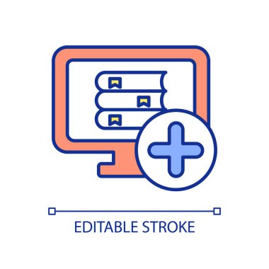 Çevrimiçi kütüphane RGB renk simgesi. Dijital bilgi kaynağı. Elektronik kitaplar. Yemek öğrenme sitesi. İzole vektör çizimi. Basit bir çizgi çizimi. Düzenlenebilir felç. Kullanılan Arial yazı tipi