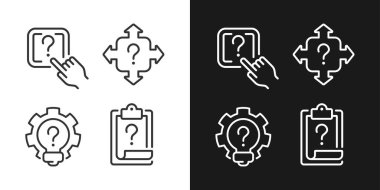 Karanlık, aydınlık moduna ayarlanmış teknik destek lineer simgelerindeki sorular ve cevaplar. Dijital veri depolama erişimi. Gece ve gündüz teması için ince çizgi sembolleri. İzole çizimler. Düzenlenebilir vuruş