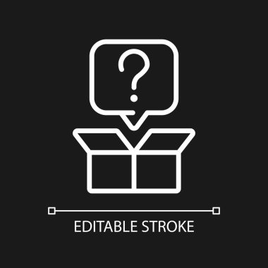 Koyu renk tema için beyaz doğrusal soru işareti. Yaratıcı düşünce. Gelişmenin yeni yollarını arıyorlar. İnce çizgili çizim. Gece modu için izole edilmiş sembol. Düzenlenebilir felç. Kullanılan Arial yazı tipi