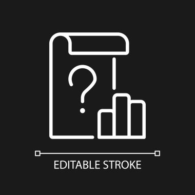 Karanlık tema için açık olmayan beyaz veri doğrusal simgesi. Ticari bilgi sorunları. Belge ve bilgi kaynağı. İnce çizgili çizim. Gece modu için izole edilmiş sembol. Düzenlenebilir felç. Kullanılan Arial yazı tipi
