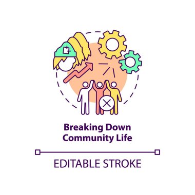 Toplum hayatı konsepti ikonunun yıkımı. Evsizlik toplumun soyut fikri üzerinde ince çizgiler çiziyor. İzole bir taslak çizim. Düzenlenebilir felç. Arial, Myriad Pro-Kalın yazı tipleri