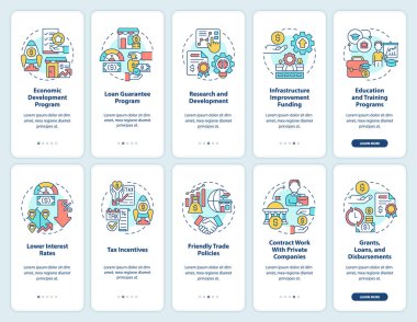 Mobil uygulama ekranında küçük işletme teşvikleri. Doğrusal kavramları olan 5 adım grafik talimatları sayfalarını destekleyin. UI, UX, GUI şablonu. Kullanılan sayısız Pro-Kalın, Düzenli yazı tipleri