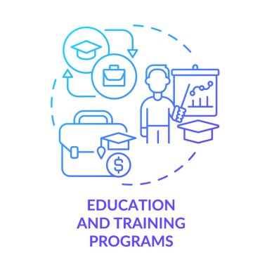 Eğitim ve eğitim programları mavi gradyan konsept simgesi. Küçük işletme geliştirme fikri soyut ince çizgi illüstrasyonuna destek. İzole bir taslak çizim. Kullanılan sayısız Pro-Kalın yazı tipi