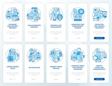 Küçük işletme teşvikleri mavi, mobil uygulama ekran setinde. Doğrusal kavramları olan 5 adım grafik talimatları sayfalarını destekleyin. UI, UX, GUI şablonu. Kullanılan sayısız Pro-Kalın, Düzenli yazı tipleri