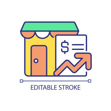 Küçük işletme RGB renk ikonuna maddi destek. Girişimciler için ödenekler ve krediler. Yerel bir şirket. İzole vektör çizimi. Basit bir çizgi çizimi. Düzenlenebilir felç. Kullanılan Arial yazı tipi