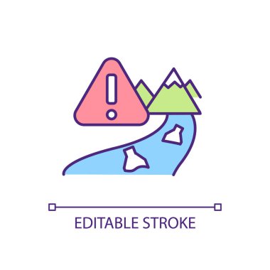 Su kirliliğinin önlenmesi RGB renk simgesi. Su vücutları koruması. Plastik şişe kirliliği. İzole vektör çizimi. Basit bir çizgi çizimi. Düzenlenebilir felç. Kullanılan Arial yazı tipi