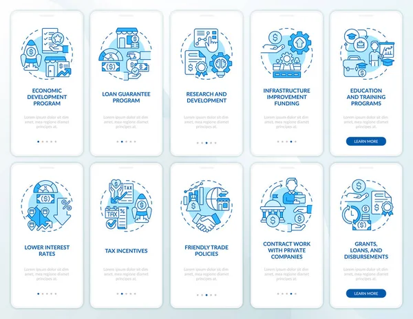 Small Business Incentives Blue Onboarding Mobile App Screen Set Podpora — Stockový vektor