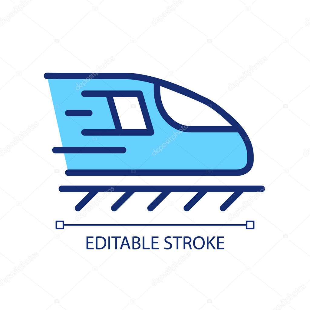 Train pixel perfect RGB color icon. Rail road. Passenger and cargo transportation. Public transport. Isolated vector illustration. Simple filled line drawing. Editable stroke. Arial font used