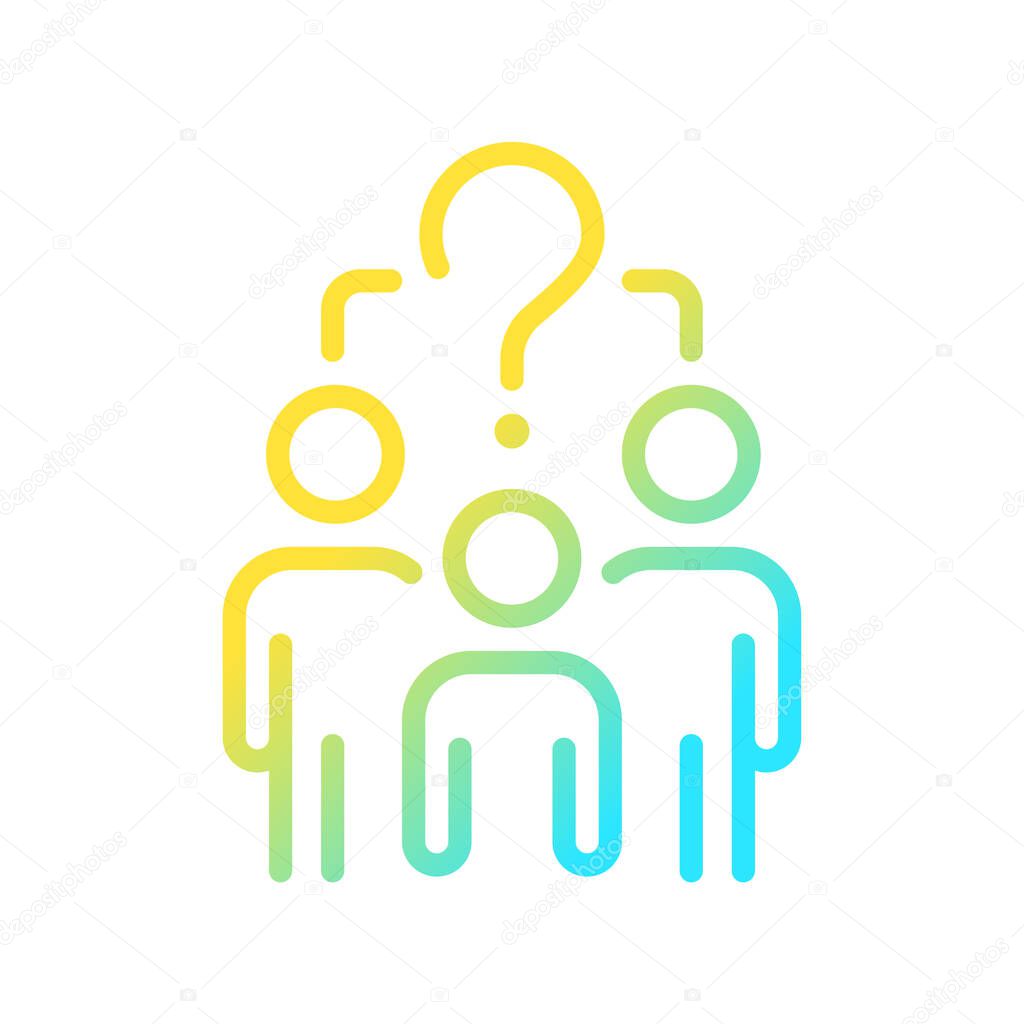 Common question gradient linear vector icon. People group and question mark. Social problems solution. Thin line color symbol. Modern style pictogram. Vector isolated outline drawing